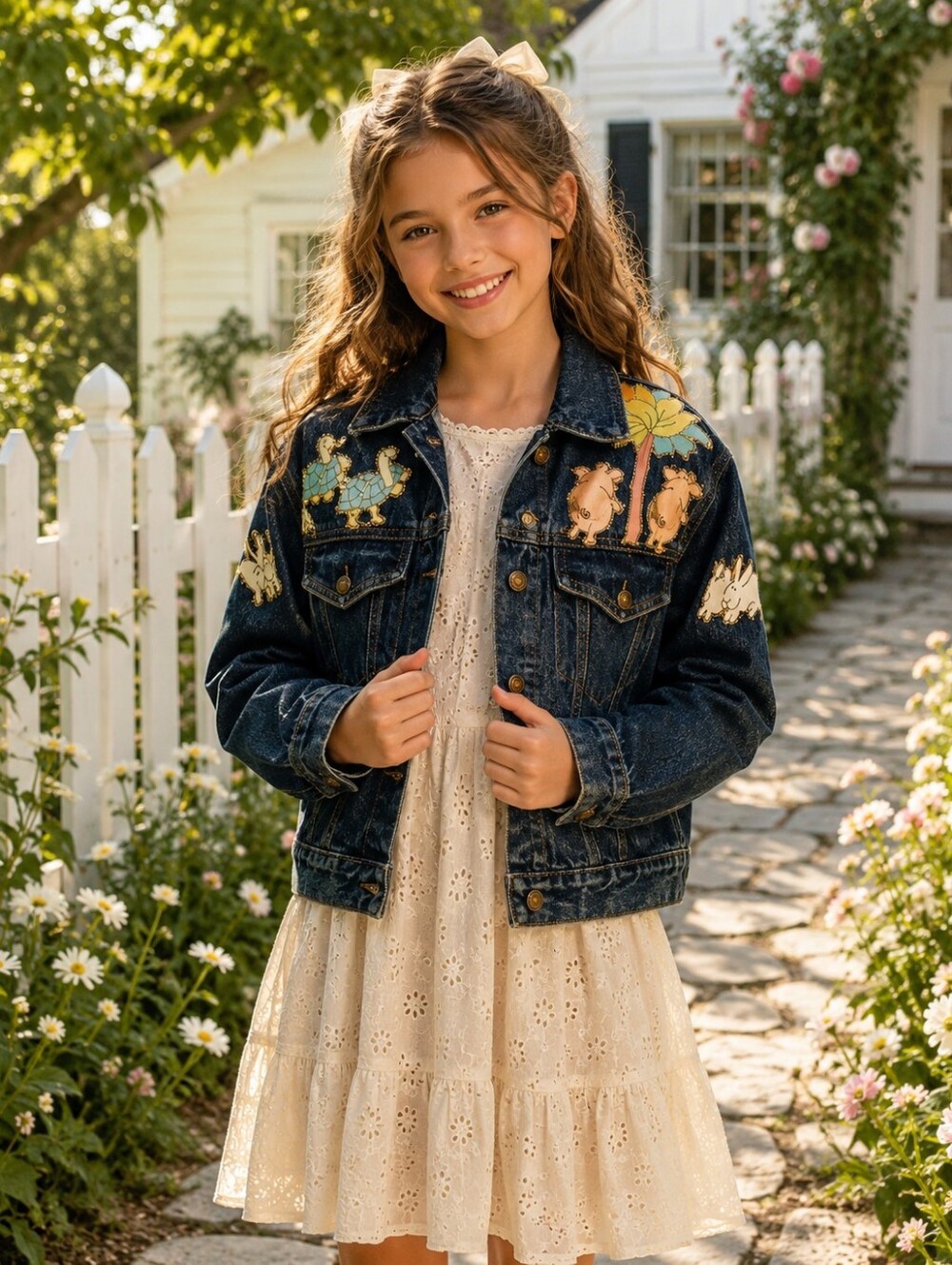Vtg Tomorrows Generation Hand-painted Animal Farm Denim Jacket Kids 12 Whimsical